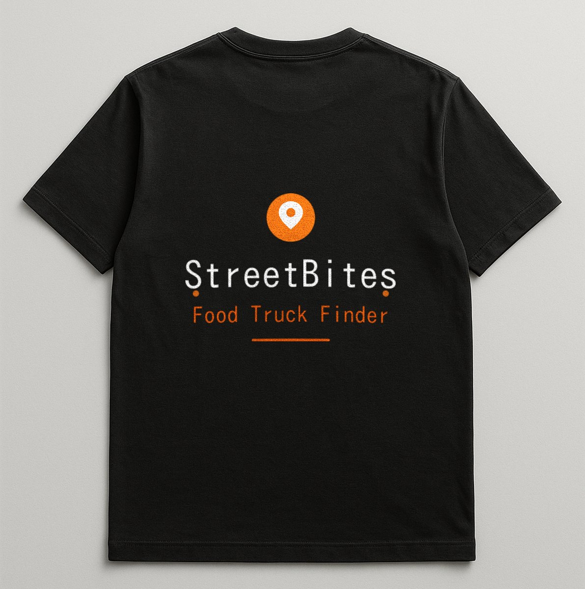 Back print on a black tee — “StreetBites Food Truck Finder”