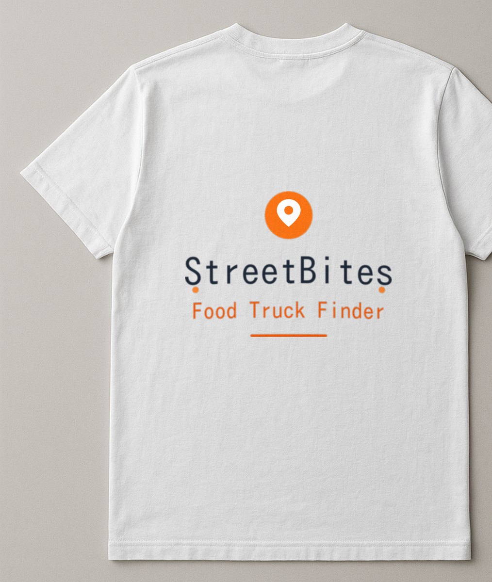Back print on a white tee — “StreetBites Food Truck Finder”