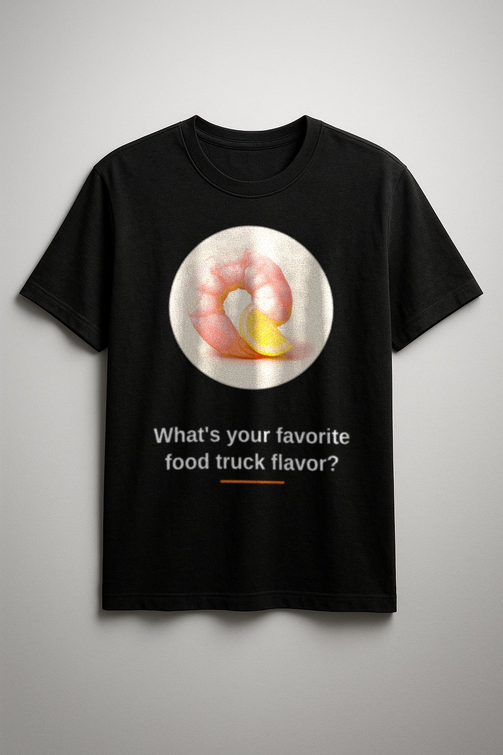 Shrimp Tee — front view on a black tee