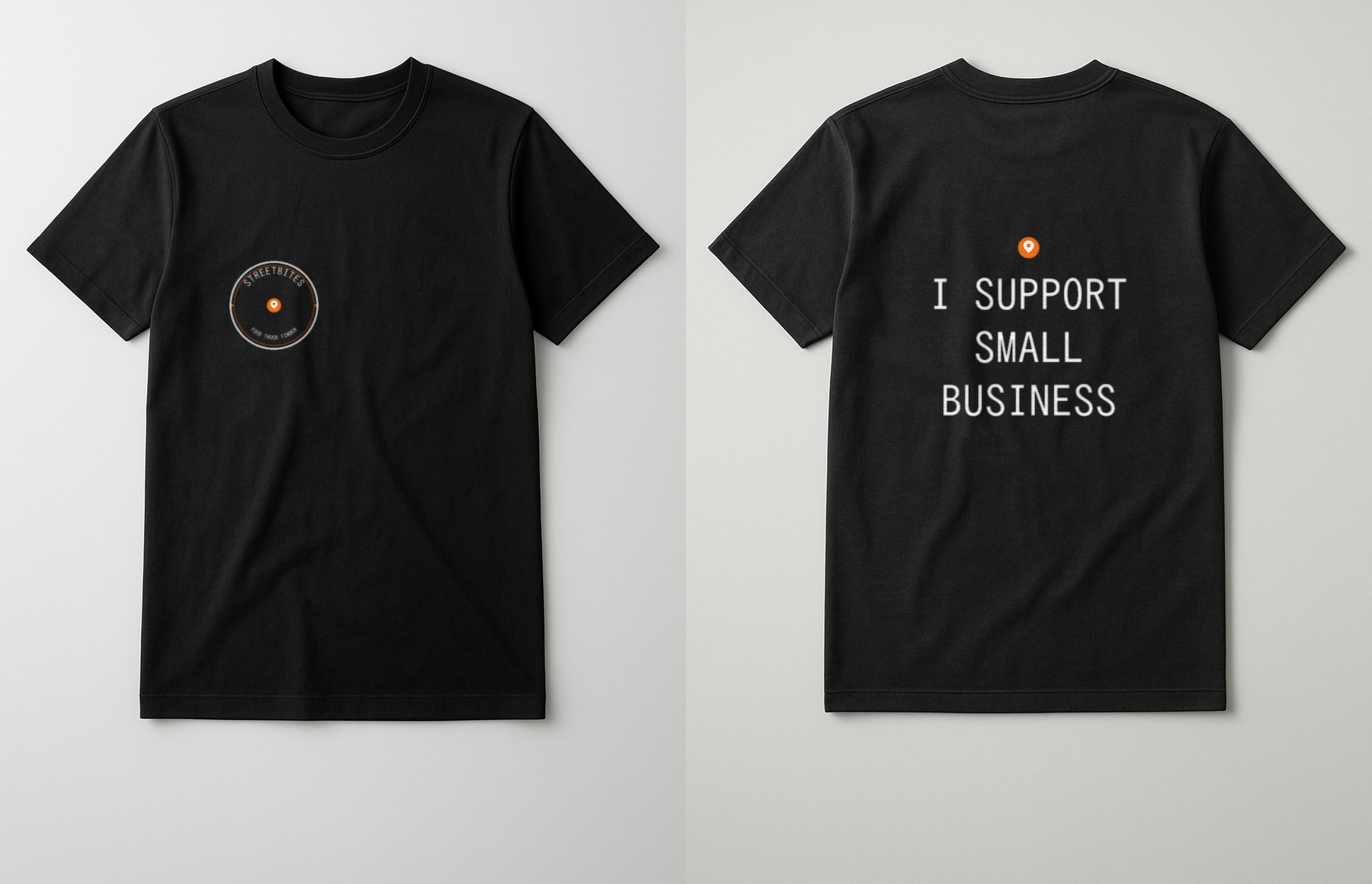 StreetBites T-Shirt — I Support Small Business — front view on a black tee