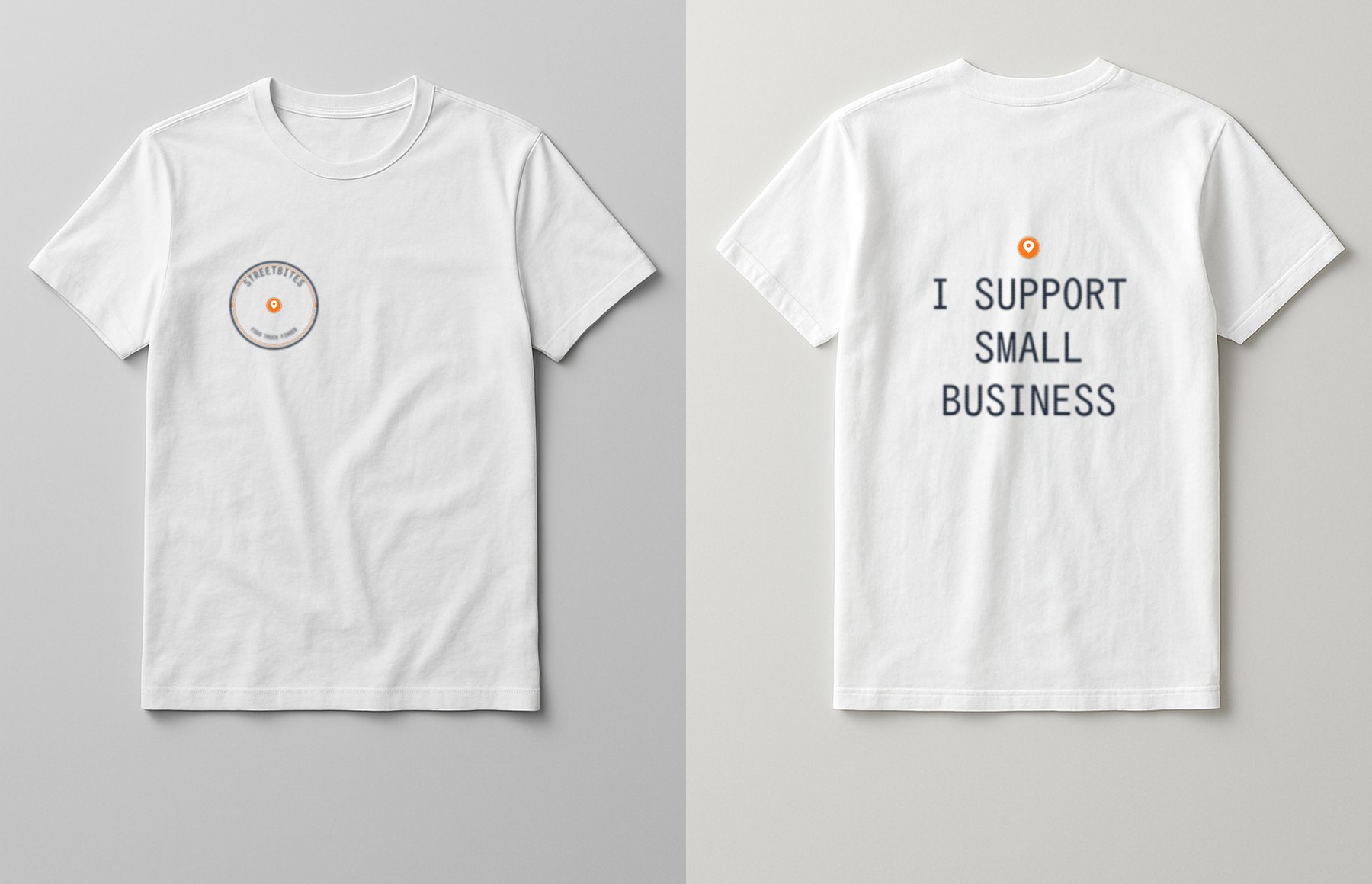 StreetBites T-Shirt — I Support Small Business — front view on a white tee