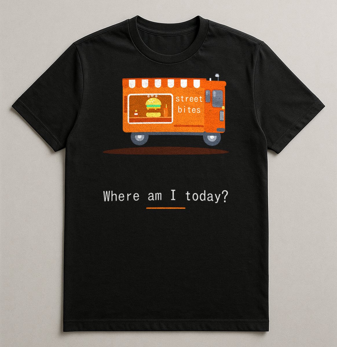 Food Truck Tee — front view on a black tee